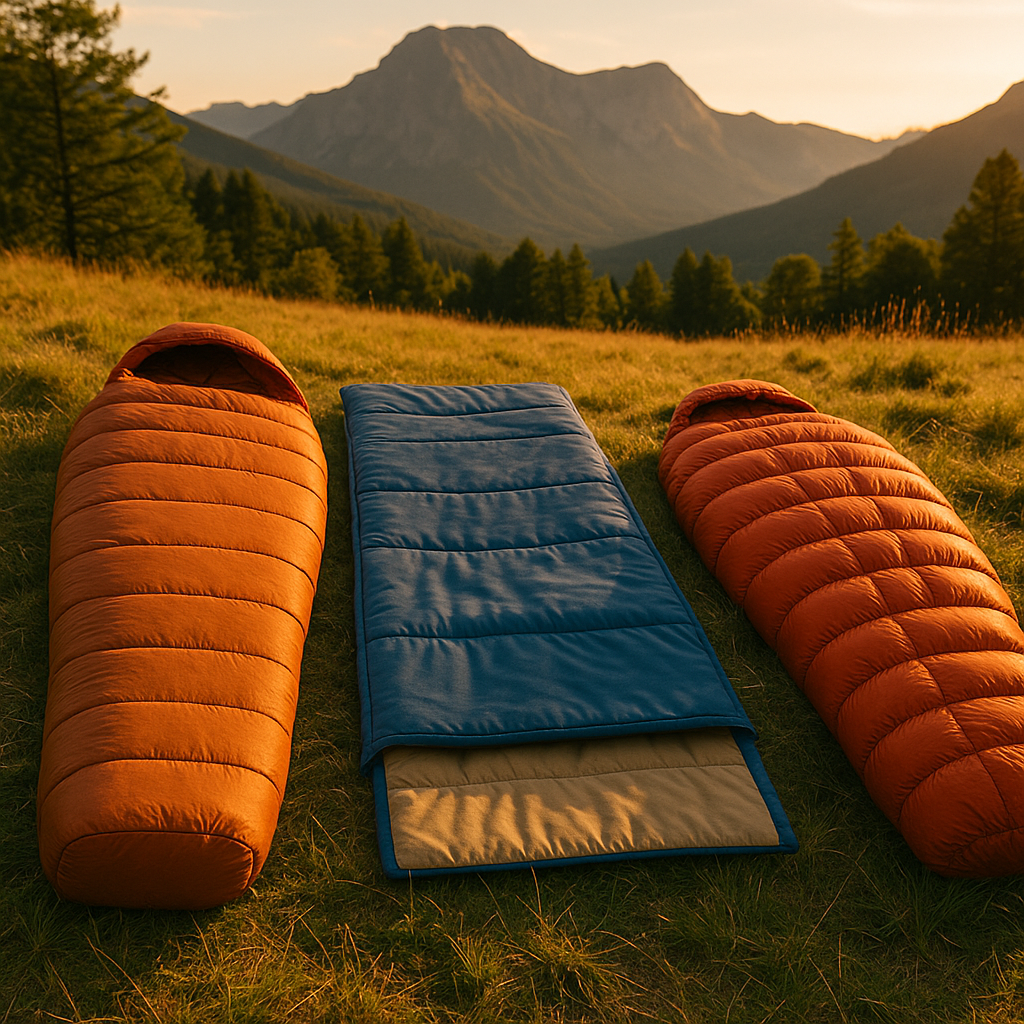 Diferentes tipos de sacks de dormir para camping com fundo montanhoso